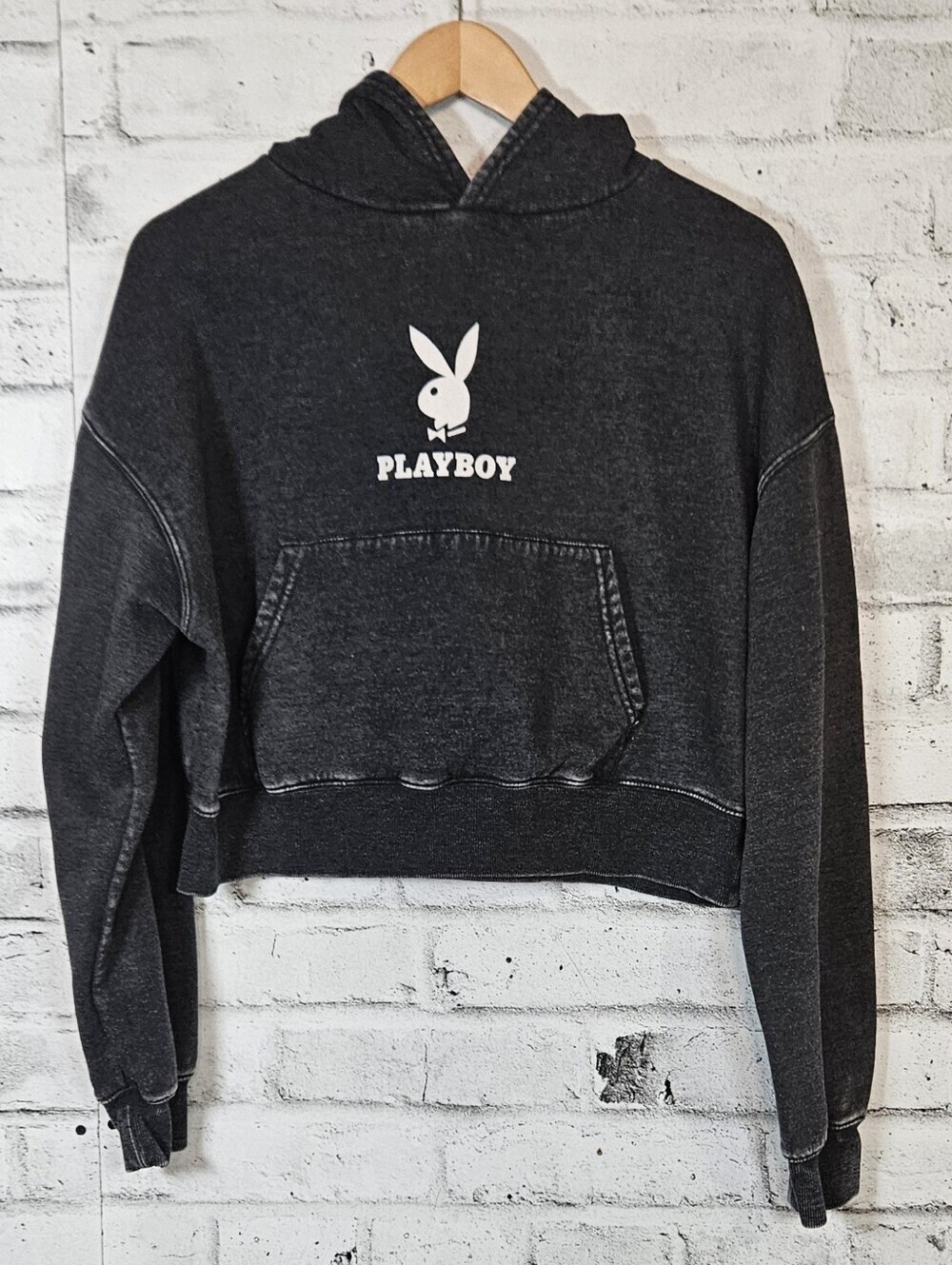 Playboy Cropped Hoodie Acid Wash Graphic Sweatshirt Dark Gray